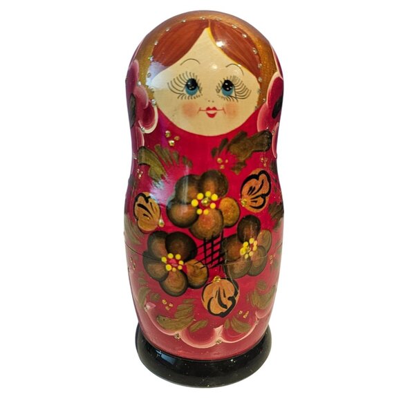 Hand-Painted Russian Matryoshka Nesting Dolls Set Of 5 Floral Design Glossy Red - Picture 16 of 16